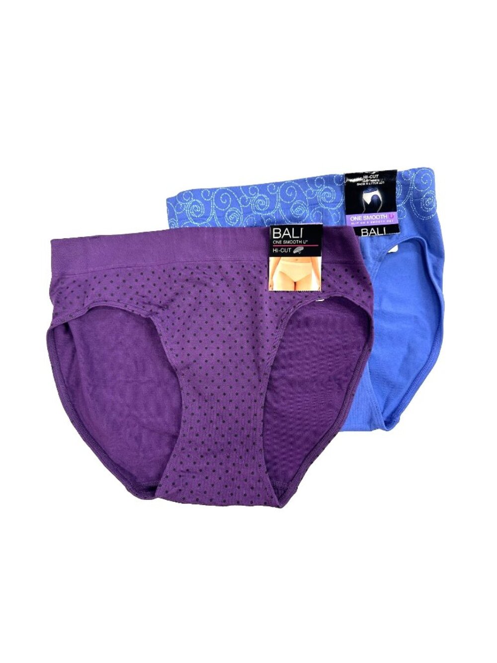 Bali Women 2-PK Smooth U Hi-Cut Brief Size 2XL/9 Blue Purple Soft Nylon Panties
